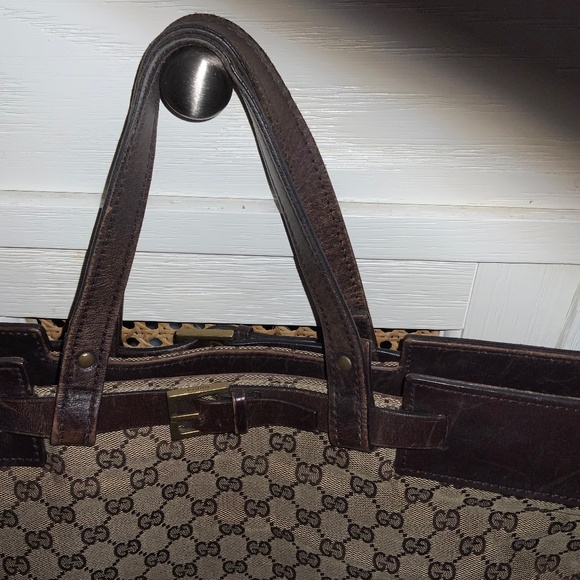 AUTHENTIC GUCCI PRELOVED HANDBAG BROWN BEIGE CANVAS LEATHER GG SATCHEL BUCKLE - Picture 7 of 9